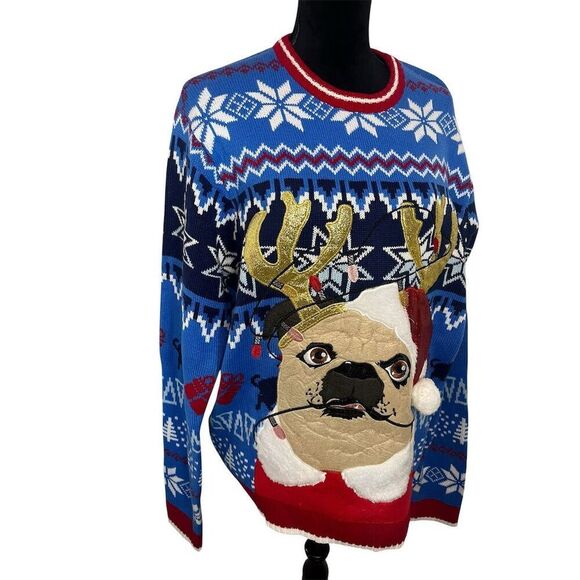 UGLY CHRISTMAS SWEATER FESTIVE HOLIDAY PUG/DOGW SANTA HAT MENS SWEATER SIZE L - Picture 5 of 6